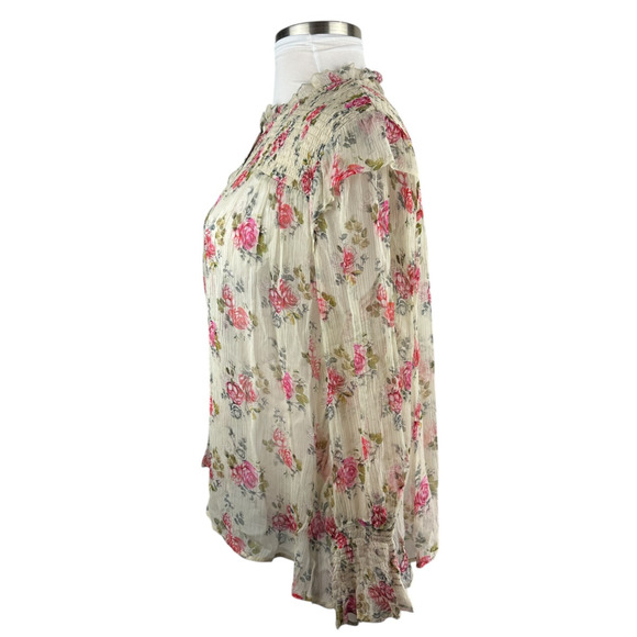 Sundance Amelia Floral Sheer Smocked Blouse Prairie Cottage Button Top Large - Picture 8 of 16